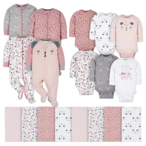 18-Piece Baby Girls Bear Sleep 'N Play, Onesies® Bodysuit, and Burpcloth Set