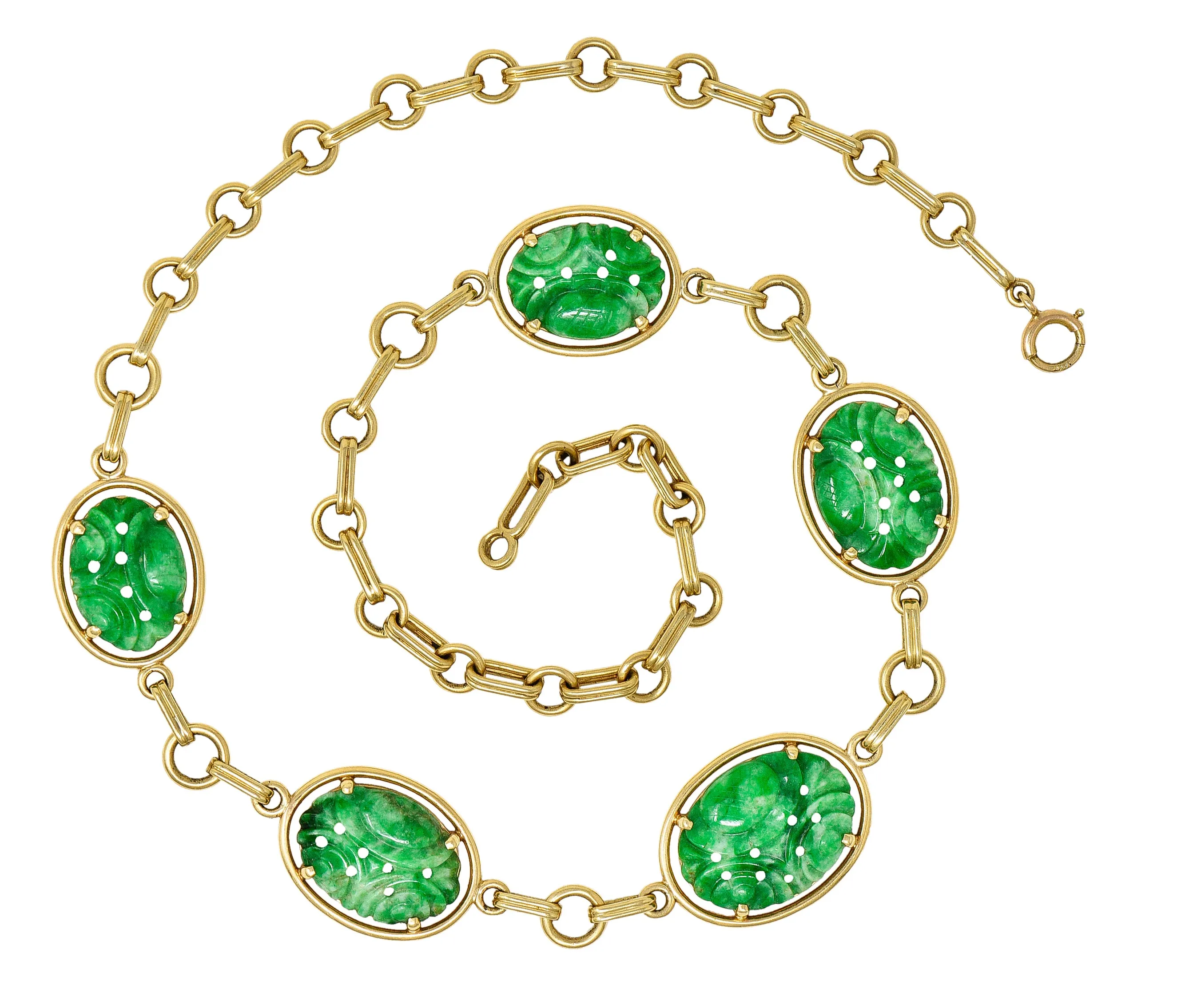 1940's Tiffany & Co. Retro Carved Jade 14 Karat Yellow Gold Linked Chain Necklace