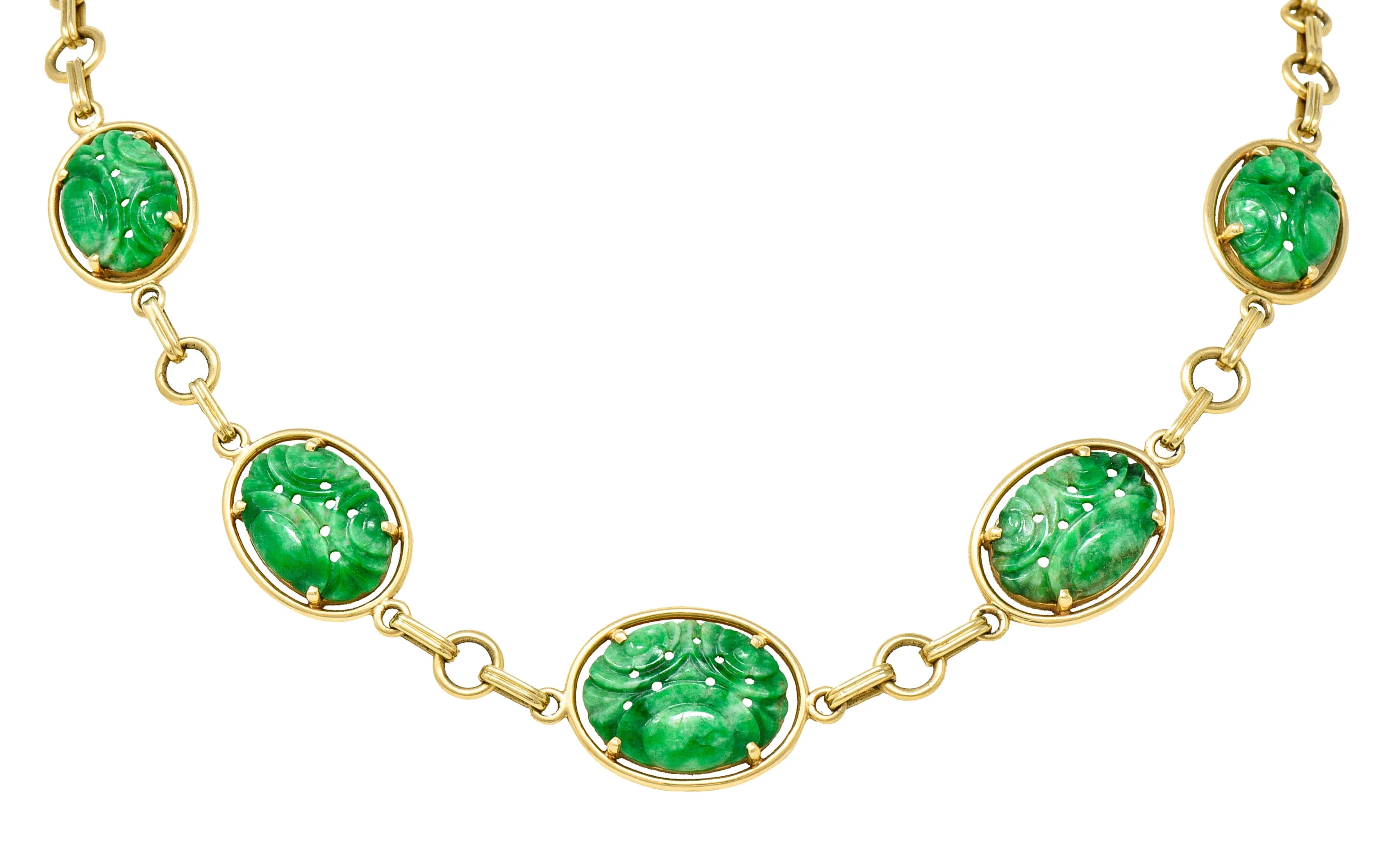 1940's Tiffany & Co. Retro Carved Jade 14 Karat Yellow Gold Linked Chain Necklace