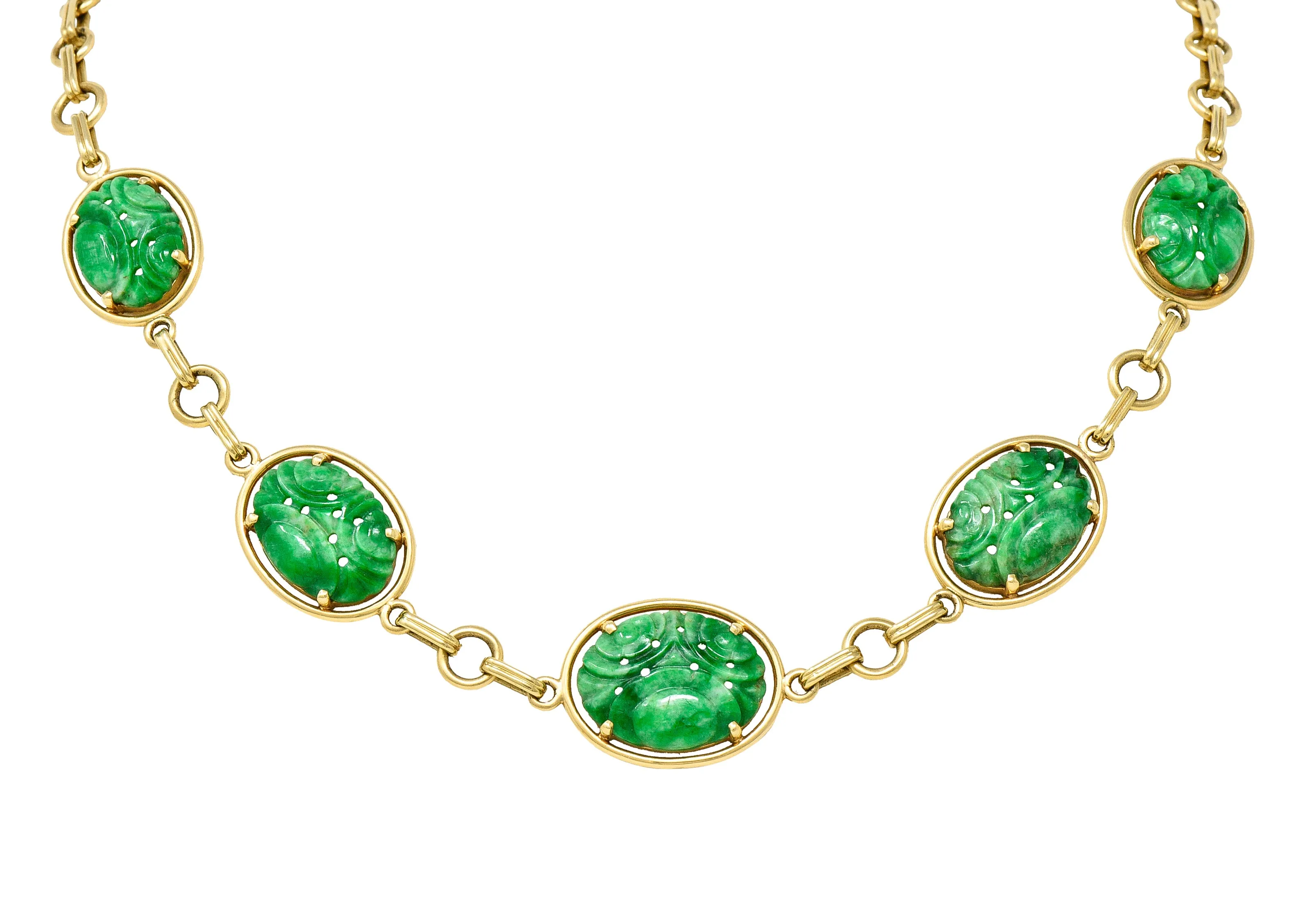 1940's Tiffany & Co. Retro Carved Jade 14 Karat Yellow Gold Linked Chain Necklace