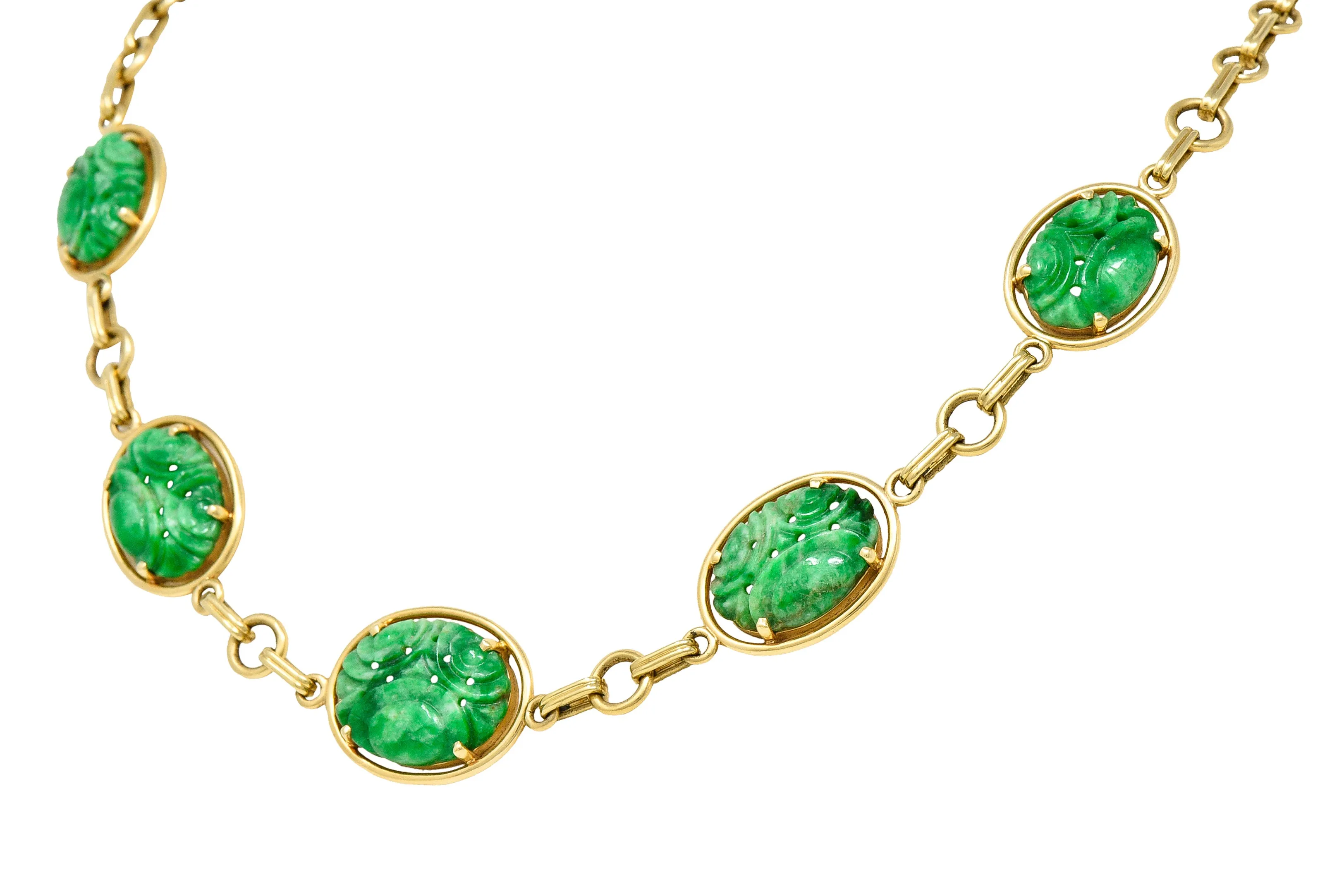 1940's Tiffany & Co. Retro Carved Jade 14 Karat Yellow Gold Linked Chain Necklace