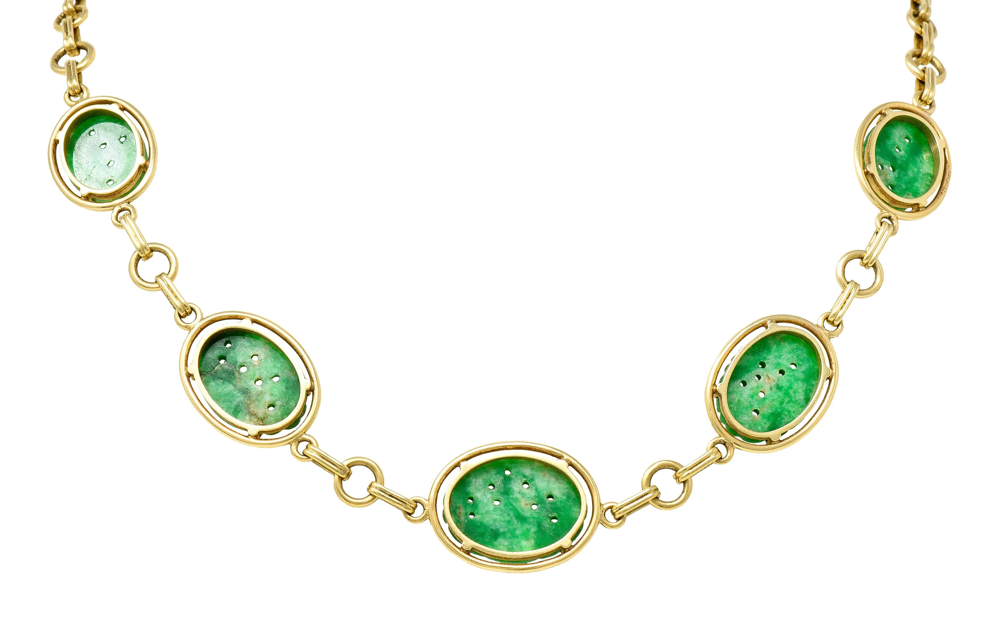 1940's Tiffany & Co. Retro Carved Jade 14 Karat Yellow Gold Linked Chain Necklace