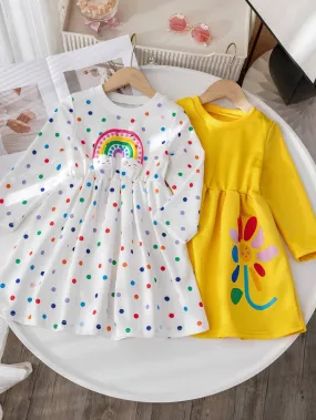 2pcs Girls Casual Fashion Sports Rainbow Polka Dot Sweatshirt Dress, Loose Fit Long Sleeve Round Neck A-Line Waist Dress For Sisters In Autumn Winter