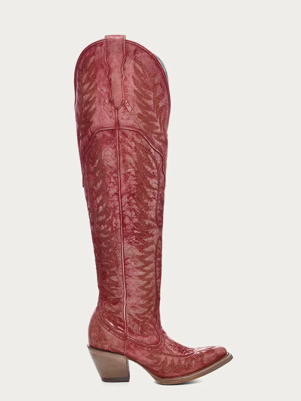 A4212A - WOMEN'S DISTRESSED RED EMBROIDERY TALL TOP J TOE COWBOY BOOT