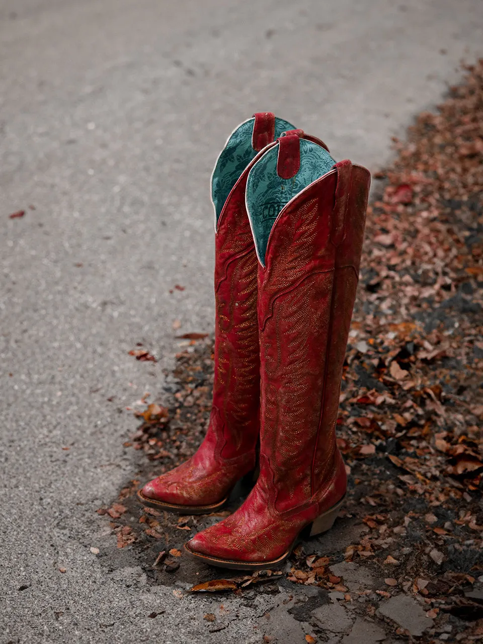 A4212A - WOMEN'S DISTRESSED RED EMBROIDERY TALL TOP J TOE COWBOY BOOT