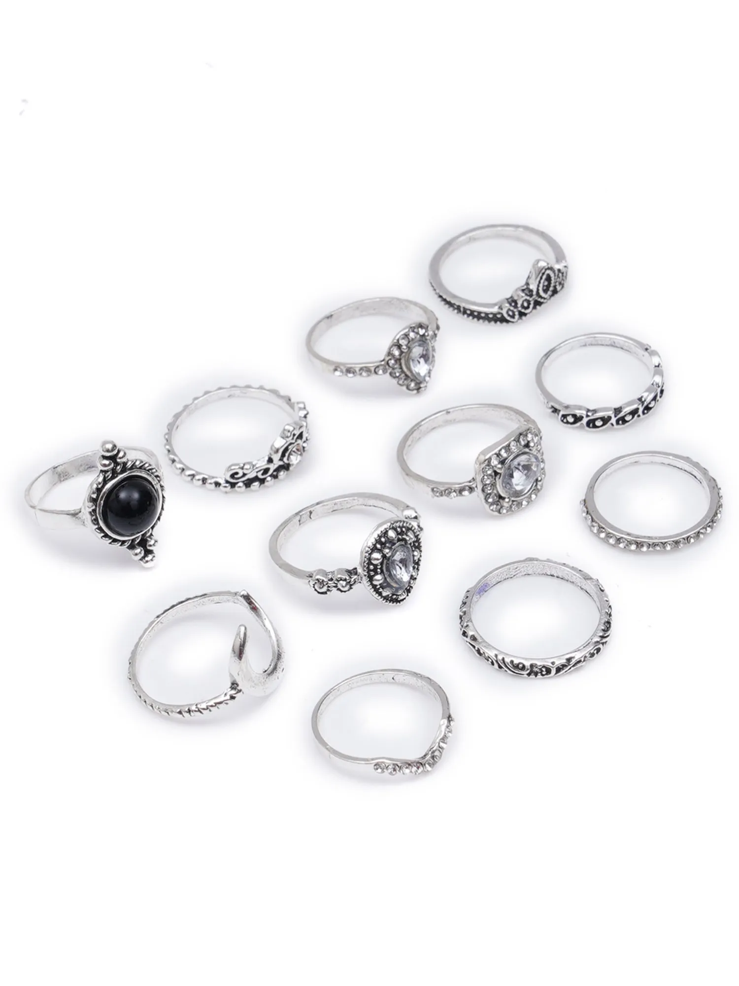 Antique Set of 11 Oxidised Silver Colour Bohemian Midi Rings for Women