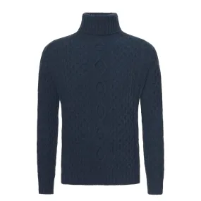 Aran Superfine Wool Ribbed Turtleneck in Blue Melange