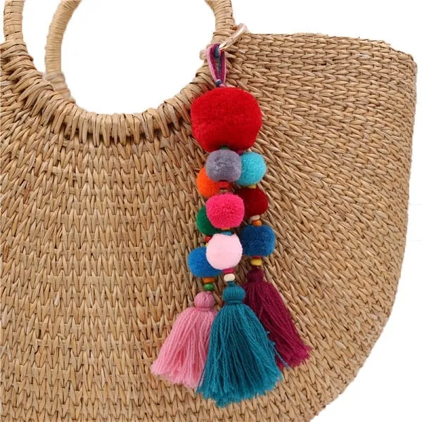 Bead Handbag Tassel Keychain Pompom Key Ring Holder Hanging Bohemian Style Pendant