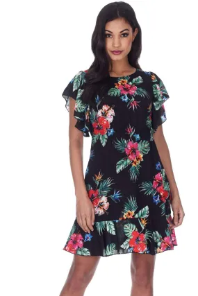 Black Floral Frill Detail Mini Dress