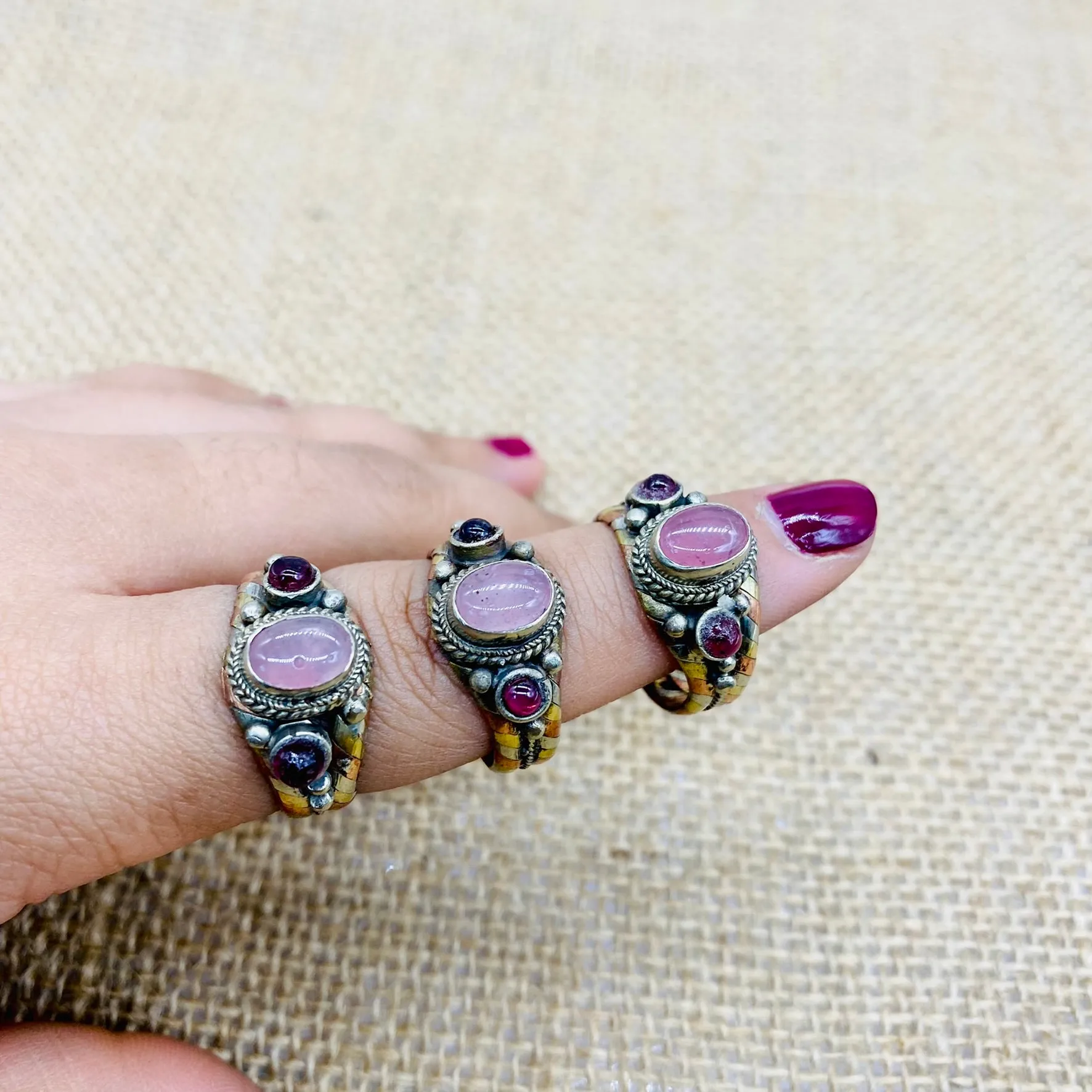 Bohemian Gemstone Ring, Handmade Rings, Gift for her, Rosequartz Jade Garnet Lapis Lazuli Turquoise Onyx , Copper Adjustable Ring