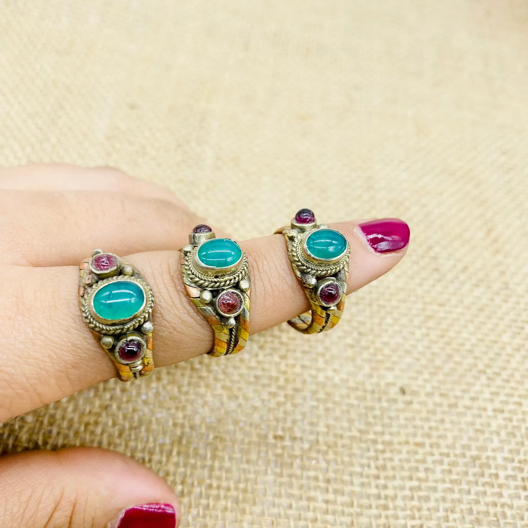 Bohemian Gemstone Ring, Handmade Rings, Gift for her, Rosequartz Jade Garnet Lapis Lazuli Turquoise Onyx , Copper Adjustable Ring