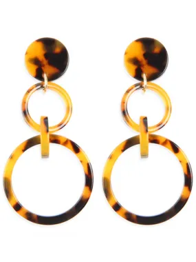 Brown Linked Double Hoop Tortoise Dangle Post Earrings