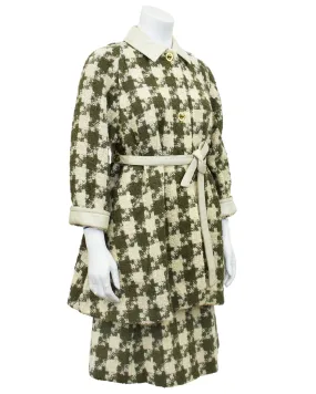 Cream and Green Houndstooth Coat and Skirt Ensemble