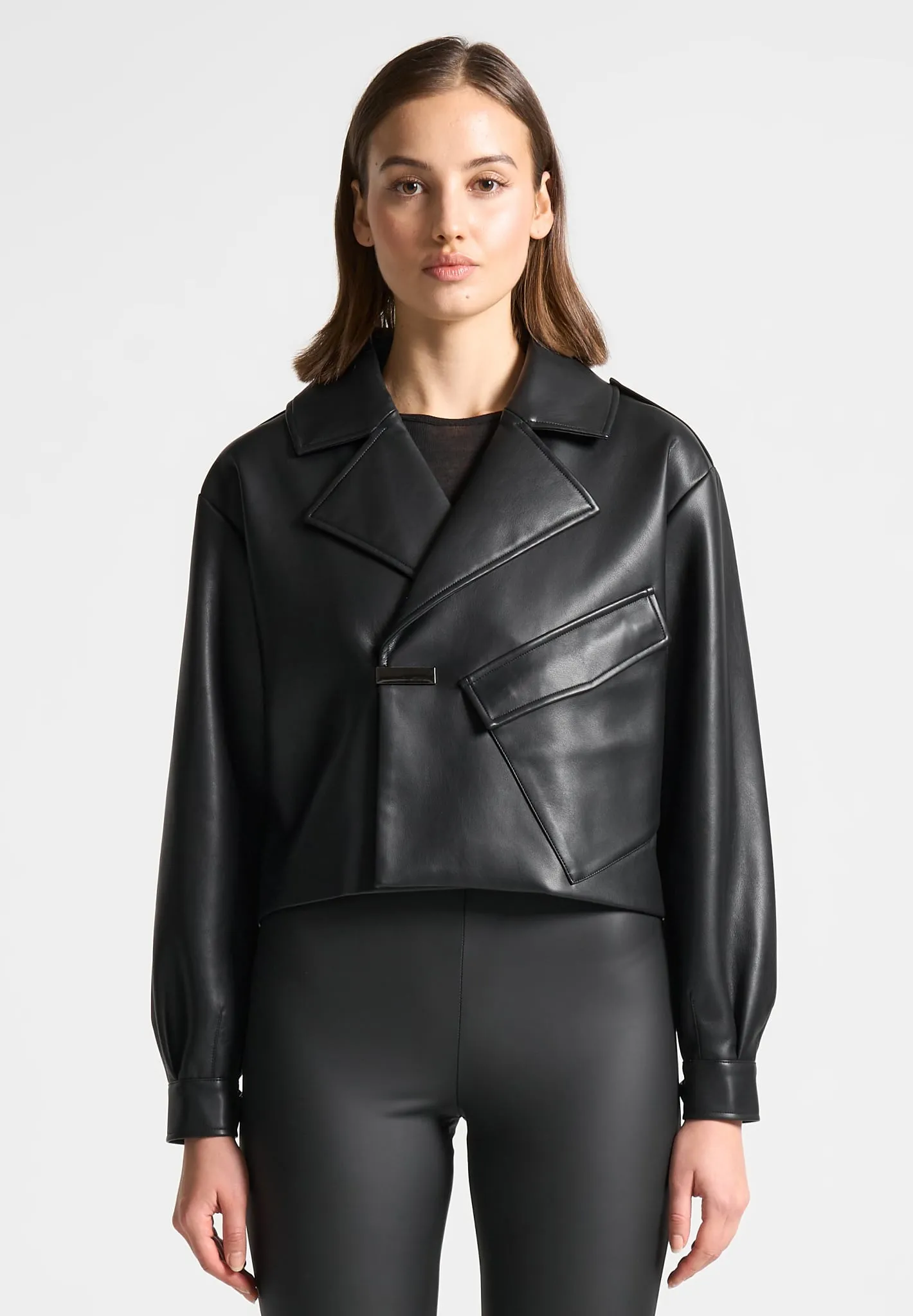 Double Breasted Leather Biker Jacket - Black