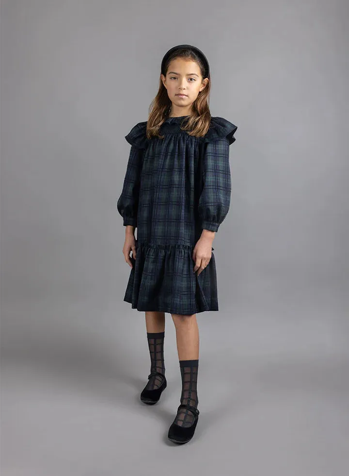 dress plaid frill sleeve with lace detail - navy