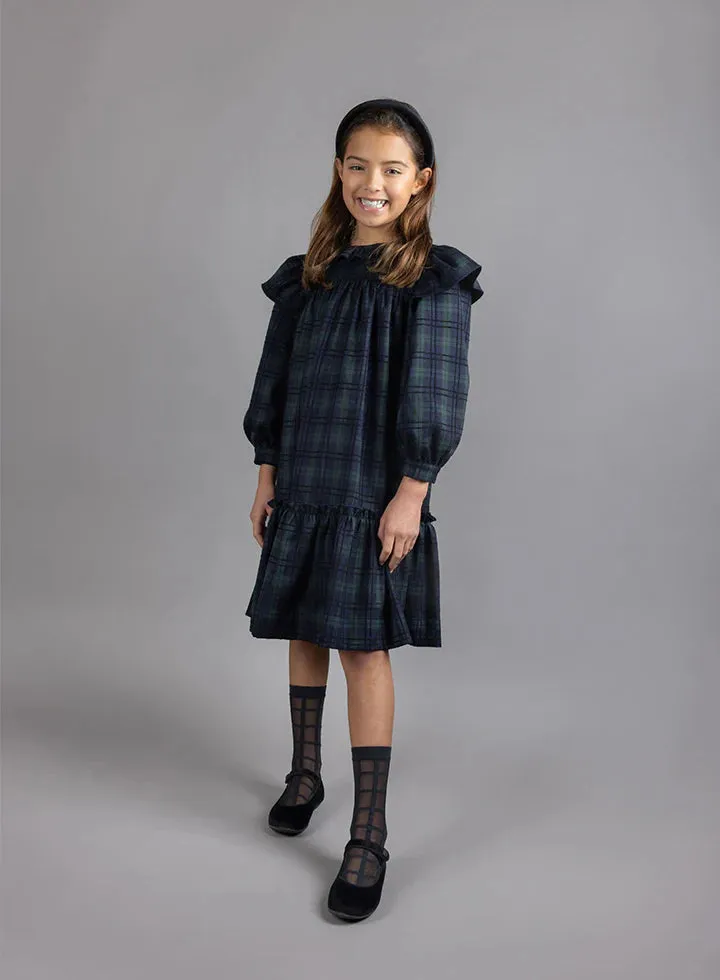 dress plaid frill sleeve with lace detail - navy