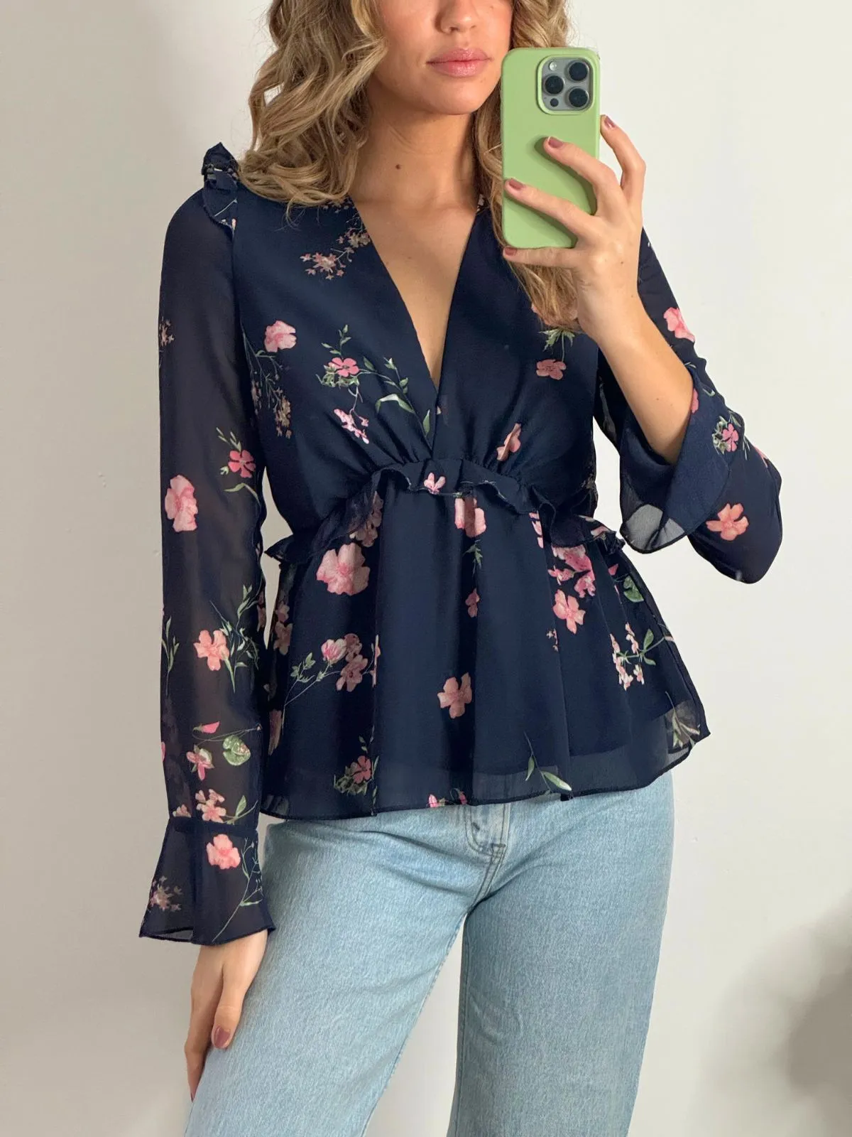 Edith Frill Blouse in Navy Floral