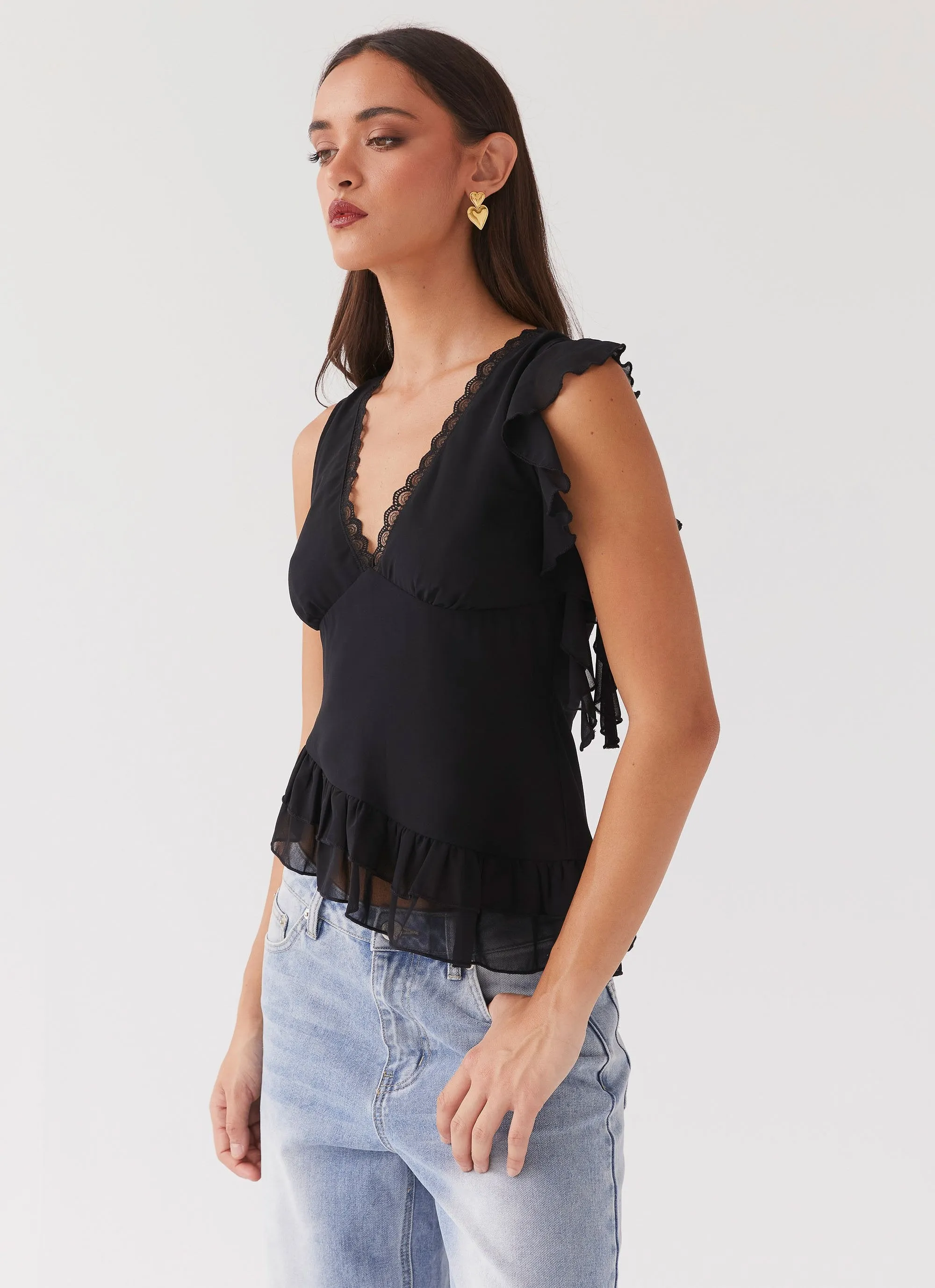 Empress Frill Trim Top - Black