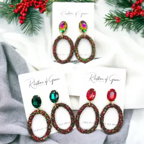 Glitter Christmas Earrings - Christmas Jewelry, Handmade Earrings, Red and Green Earrings, Christmas Earrings, Red Rhinestones, Green Jewels