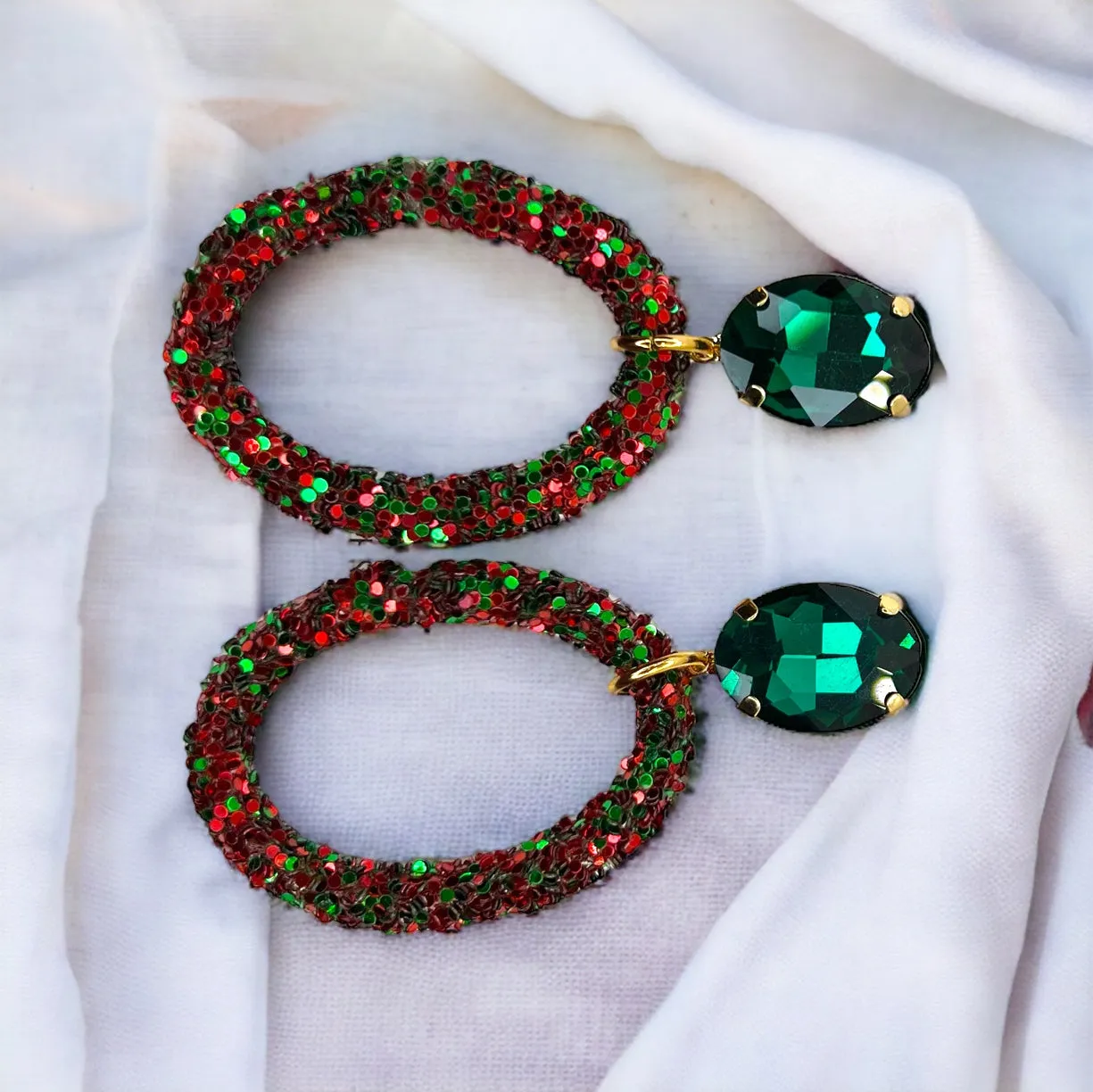 Glitter Christmas Earrings - Christmas Jewelry, Handmade Earrings, Red and Green Earrings, Christmas Earrings, Red Rhinestones, Green Jewels