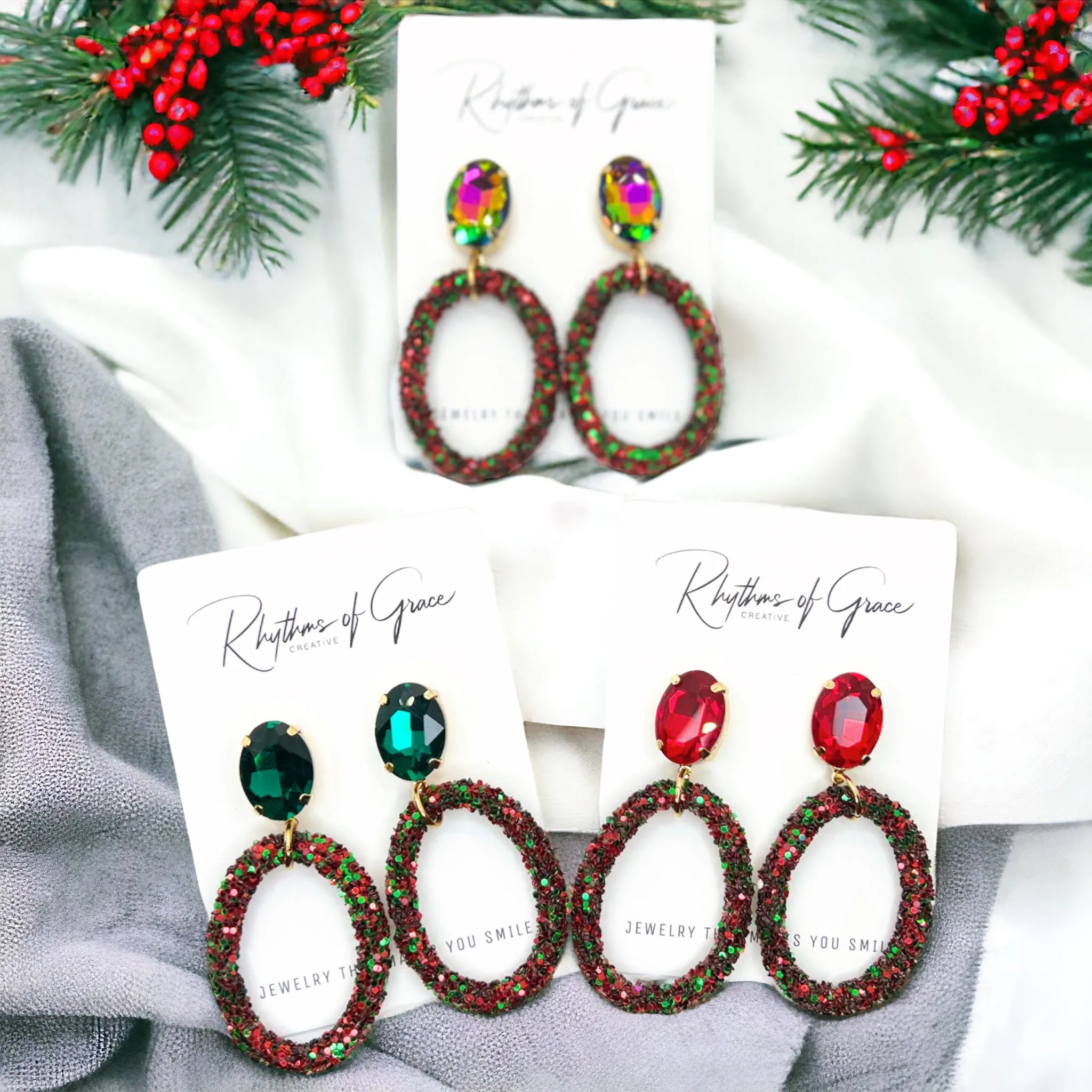 Glitter Christmas Earrings - Christmas Jewelry, Handmade Earrings, Red and Green Earrings, Christmas Earrings, Red Rhinestones, Green Jewels