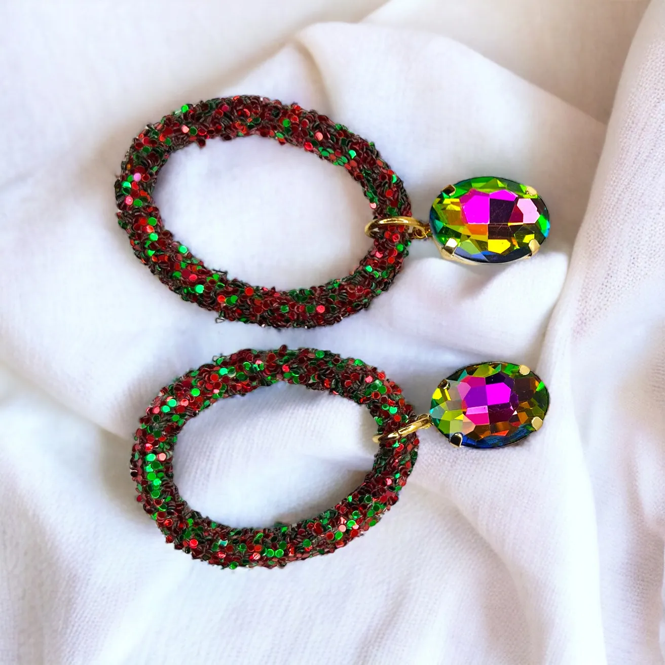 Glitter Christmas Earrings - Christmas Jewelry, Handmade Earrings, Red and Green Earrings, Christmas Earrings, Red Rhinestones, Green Jewels