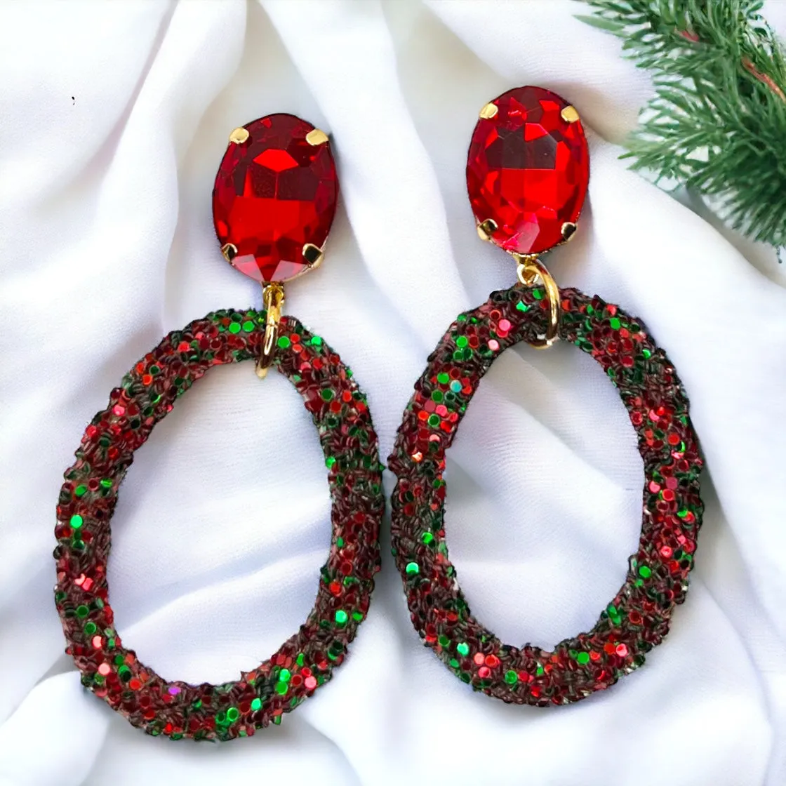 Glitter Christmas Earrings - Christmas Jewelry, Handmade Earrings, Red and Green Earrings, Christmas Earrings, Red Rhinestones, Green Jewels