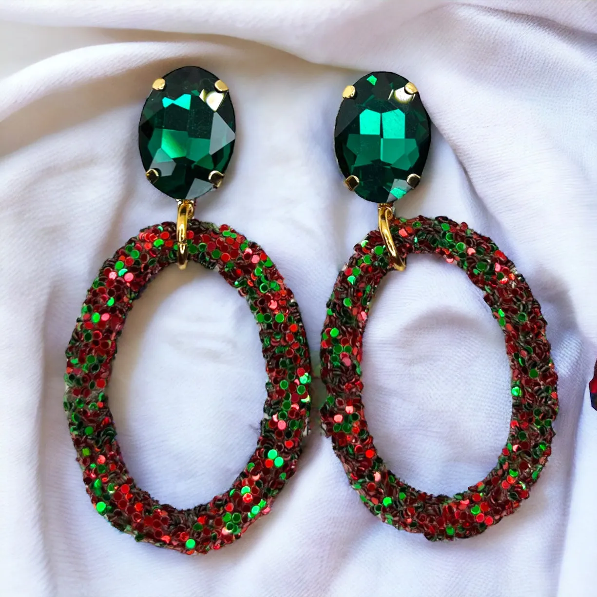 Glitter Christmas Earrings - Christmas Jewelry, Handmade Earrings, Red and Green Earrings, Christmas Earrings, Red Rhinestones, Green Jewels