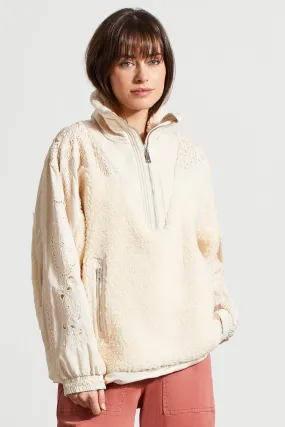 HALF-ZIP MIXED MEDIA PULLOVER WITH LACE CROCHET DETAIL-Moonstone