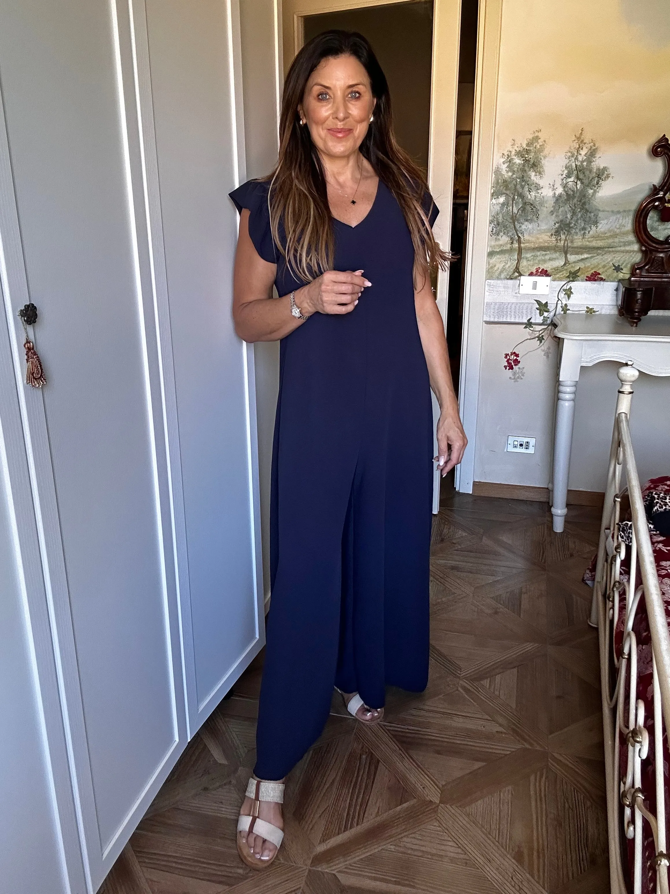 Justine Navy Frill Sleeve Jumpsuit