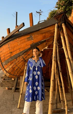 Kanchan in Saba Chikankari Long Kurta in Barfi Silk - Blue