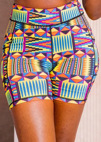 Kimba Women's African Print Biker Shorts (Canary Yellow Kente)