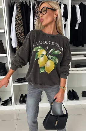 'La Dolce Vita' Graphic Printed Jumper Sweater Top-Charcoal