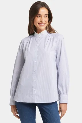 Lace Trimmed Ruffle Neck Blouse - Blue Stripe