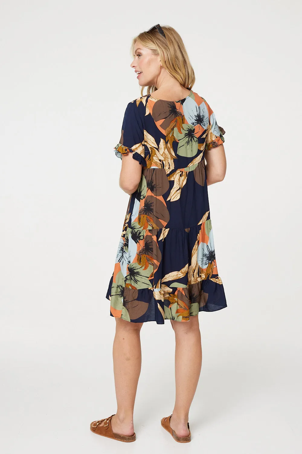 Leaf Print Frilled Knee Length Shift Dress