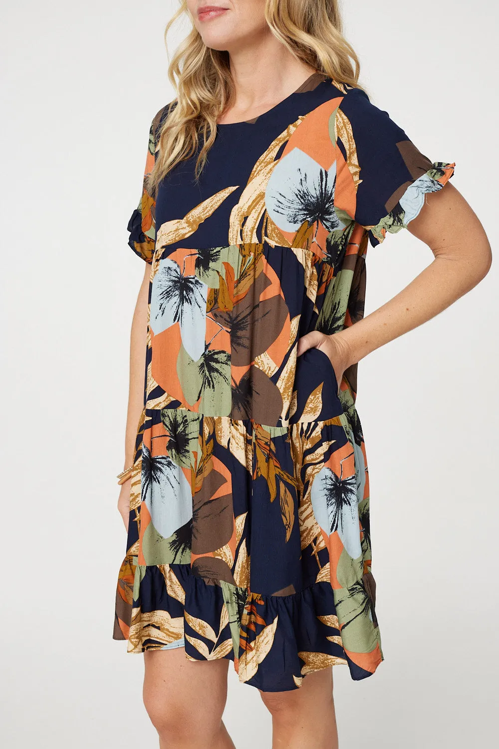 Leaf Print Frilled Knee Length Shift Dress