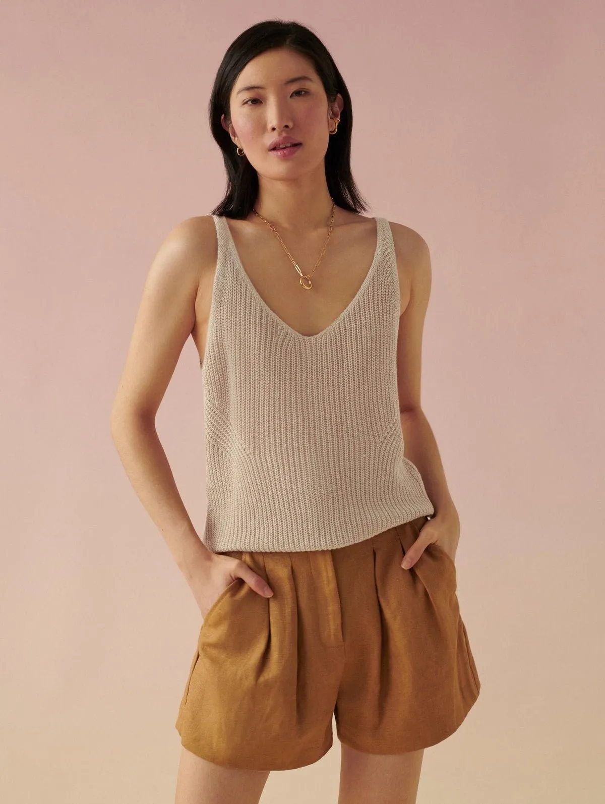 Linen Ribbed V Neck Tank