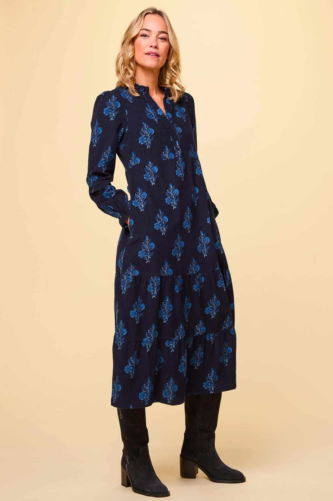 Liv Printed Corduroy Dress | Flower Print Navy