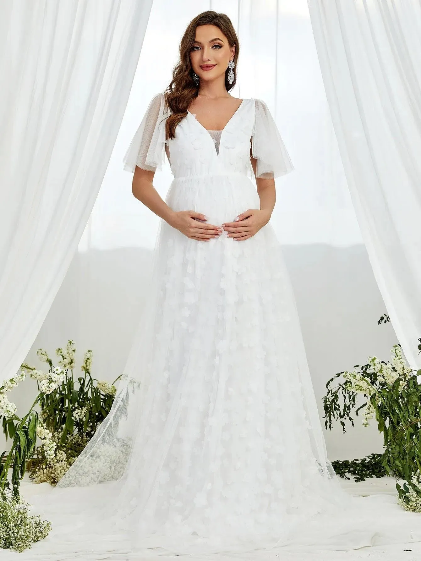 Maternity Butterfly Sleeve Floral Applique Mesh Wedding Dress