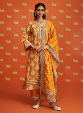 Mulmul Cotton Kaeo Orange Kurta With Mulmul Cotton Kaeo Orange Pant