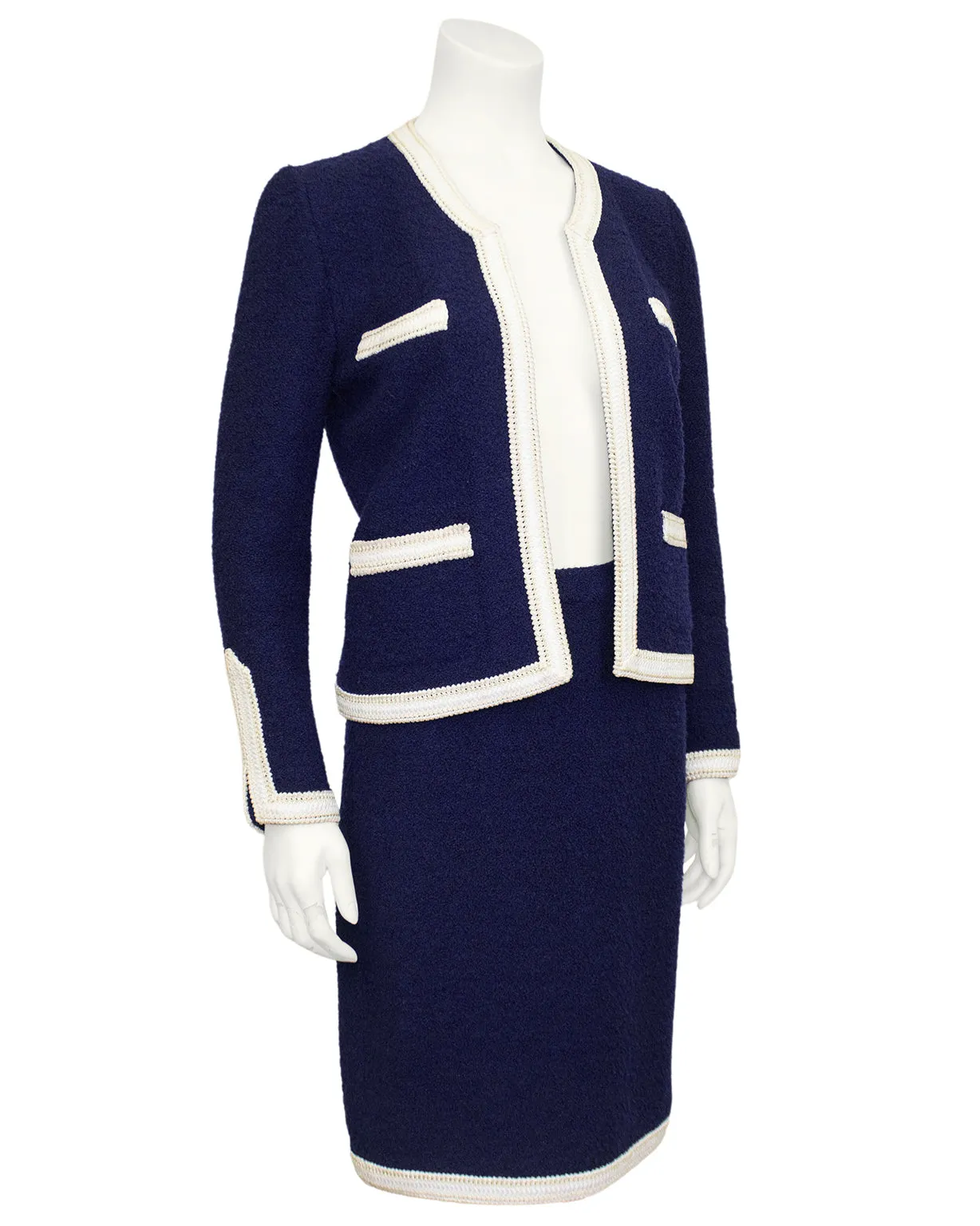 Navy Blue and White Knit Skirt Suit