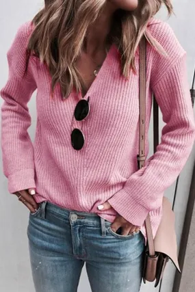 Pink Ribbed Knit V Neck Sweater