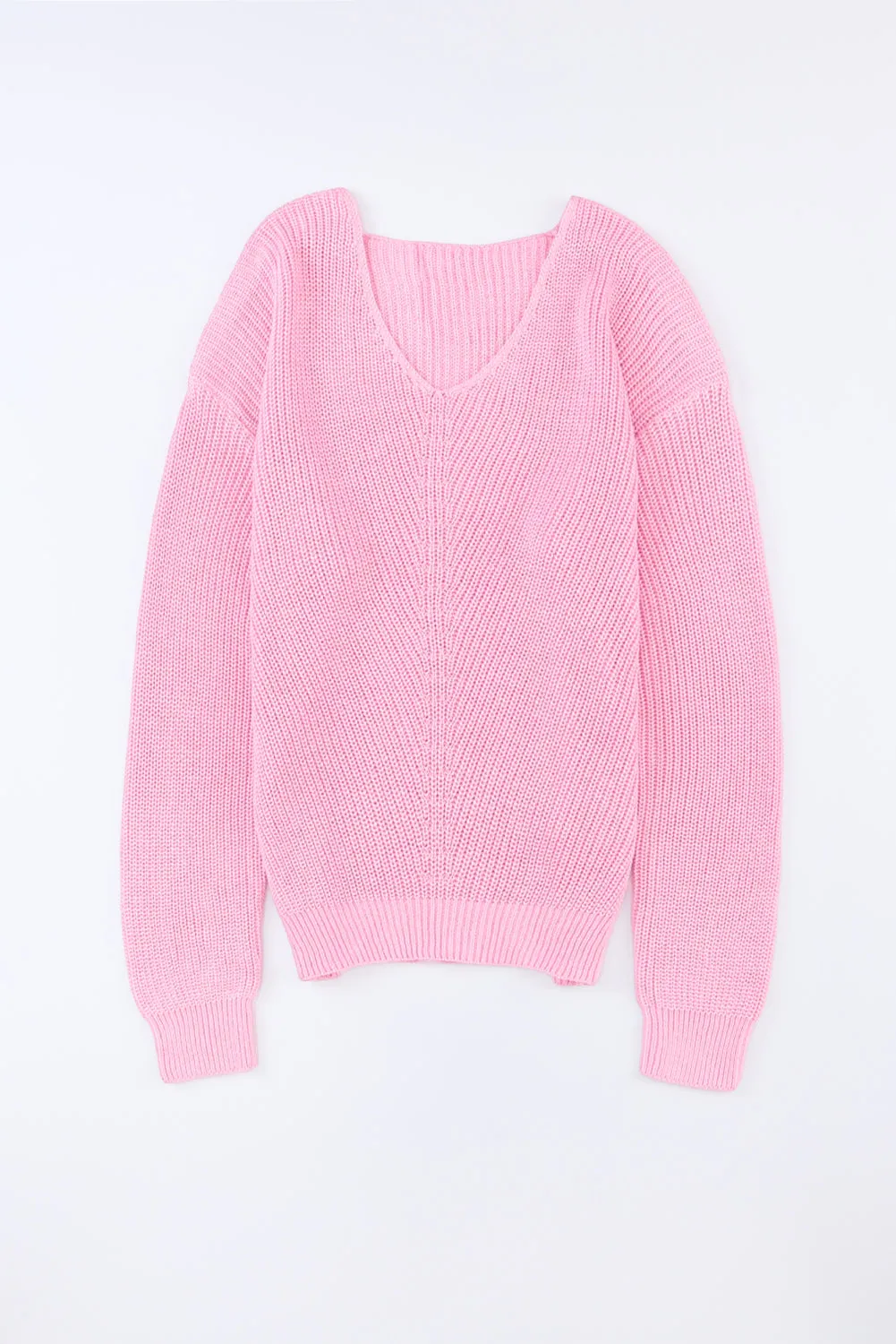 Pink Ribbed Knit V Neck Sweater