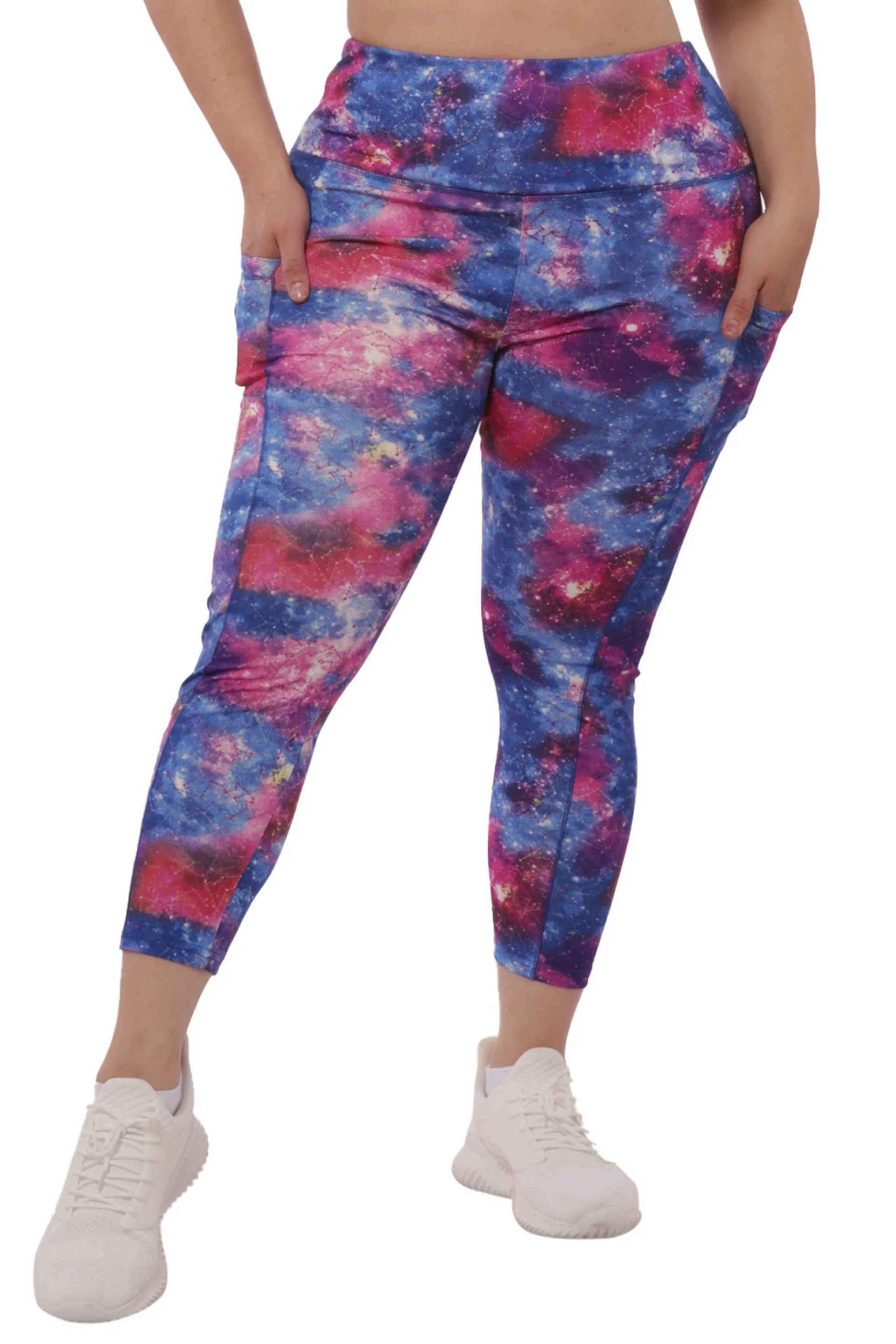 Plus Size High Waist Tummy Control Sports Leggings With Side Pockets - Blue & Pink Galaxy