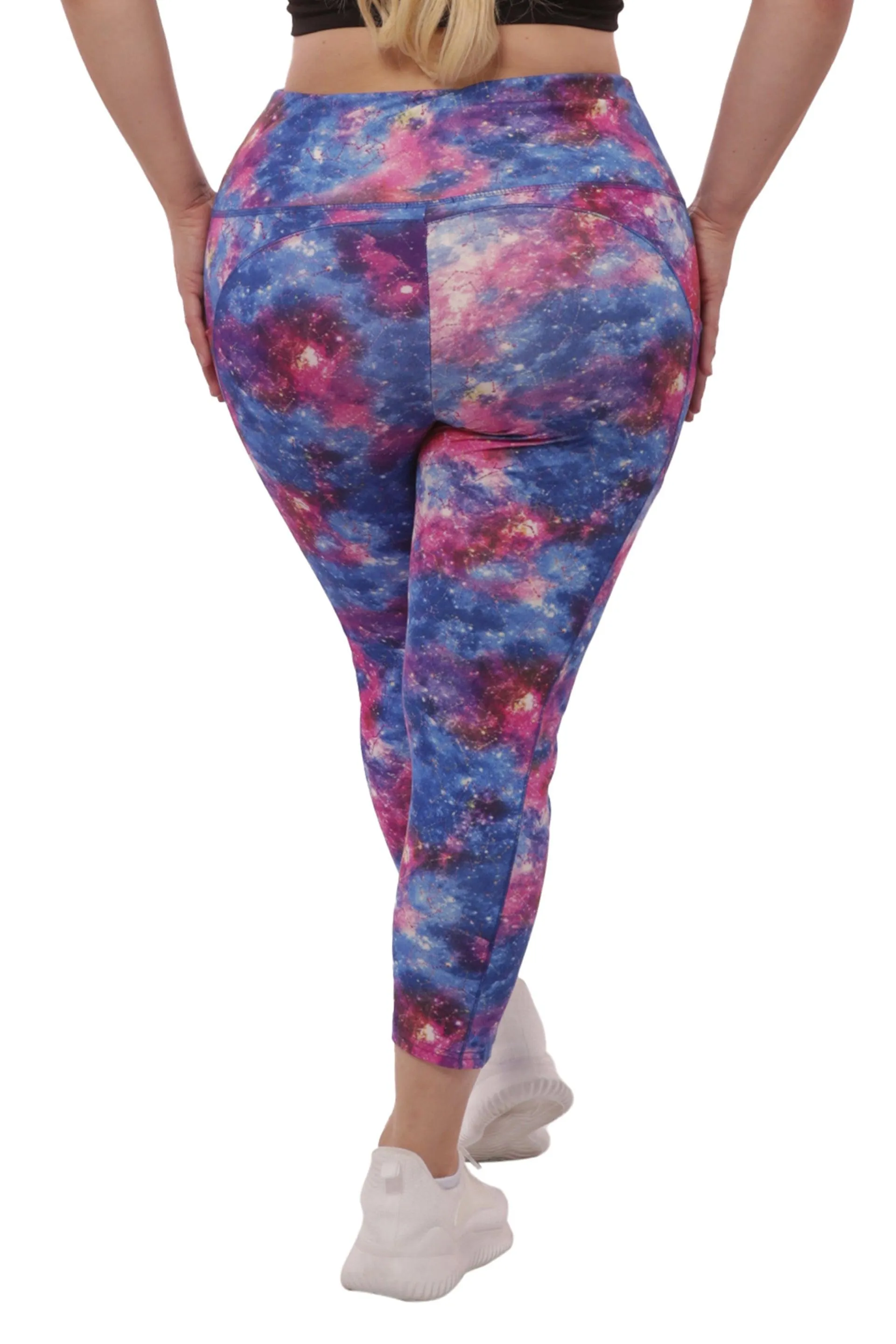 Plus Size High Waist Tummy Control Sports Leggings With Side Pockets - Blue & Pink Galaxy