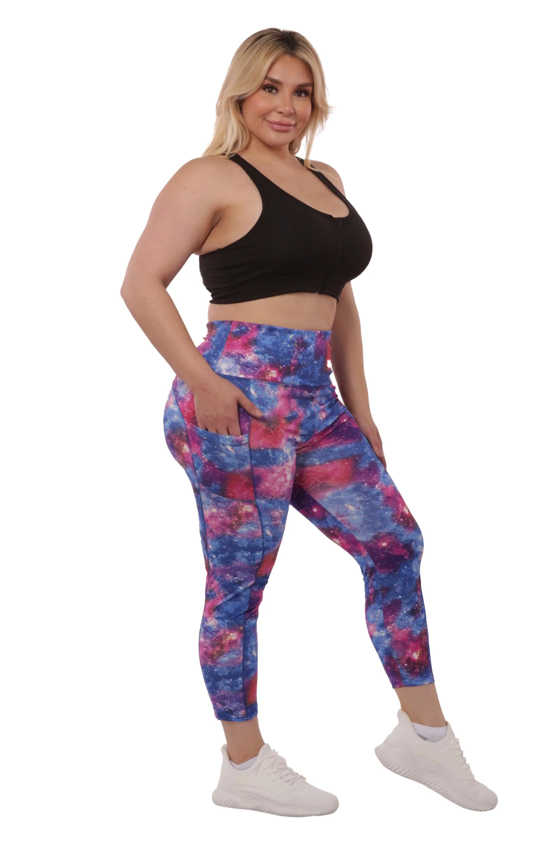 Plus Size High Waist Tummy Control Sports Leggings With Side Pockets - Blue & Pink Galaxy