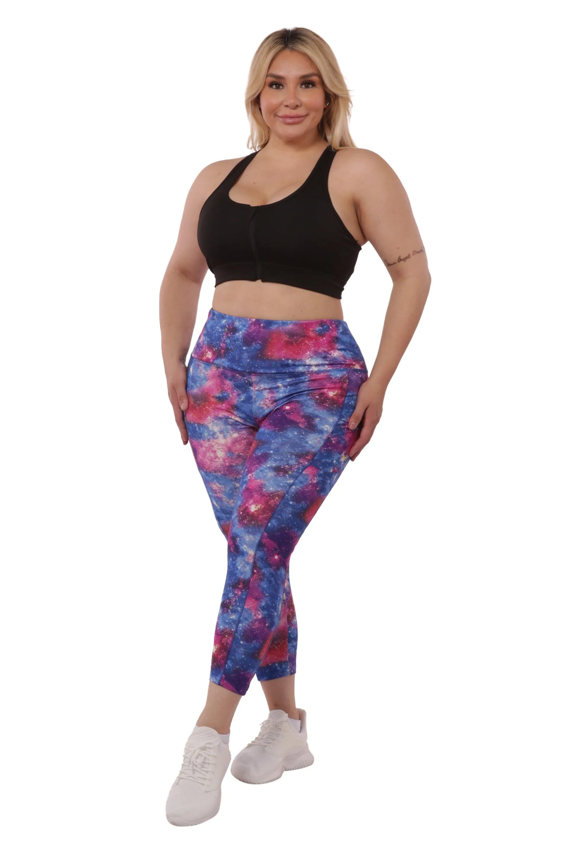 Plus Size High Waist Tummy Control Sports Leggings With Side Pockets - Blue & Pink Galaxy