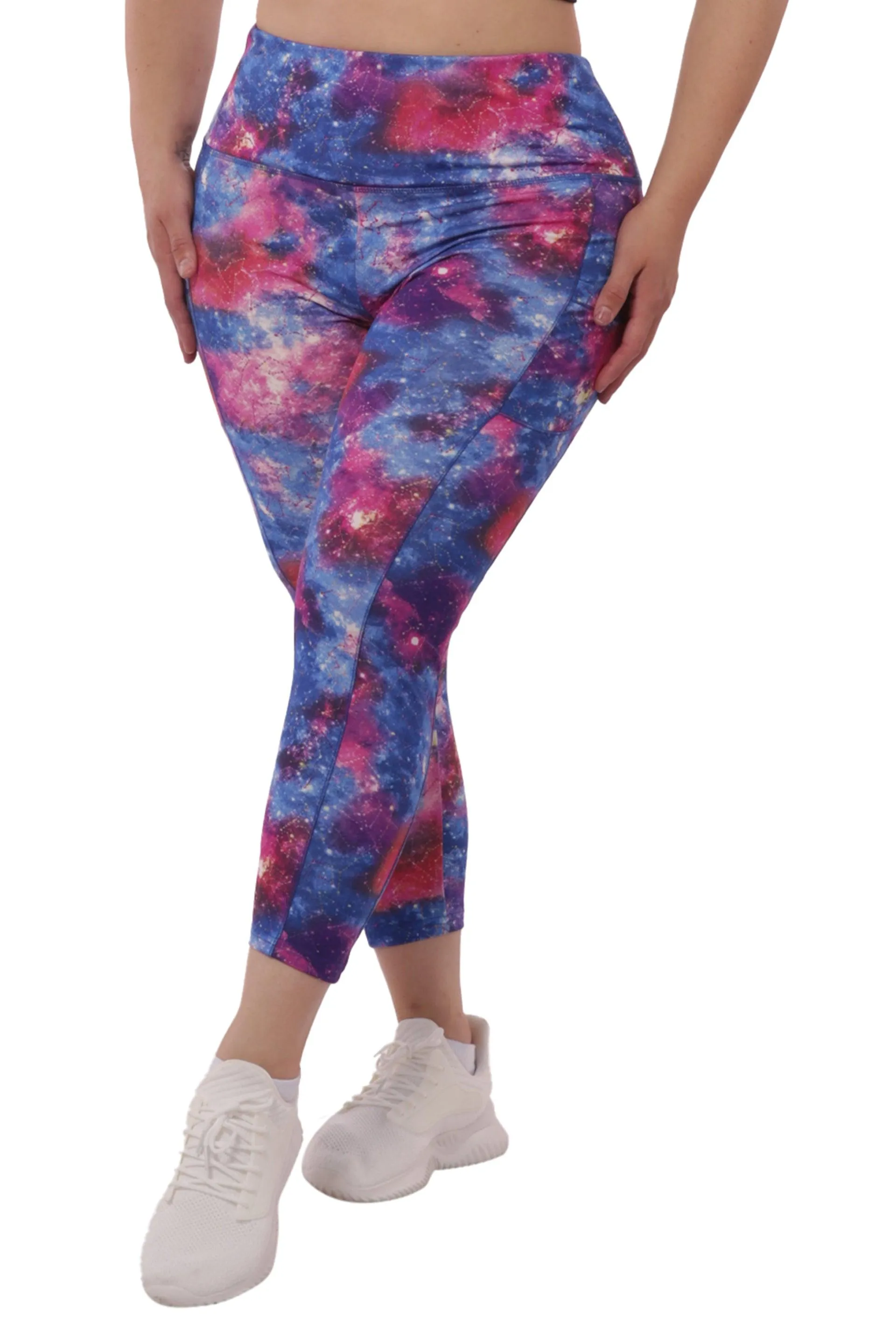 Plus Size High Waist Tummy Control Sports Leggings With Side Pockets - Blue & Pink Galaxy