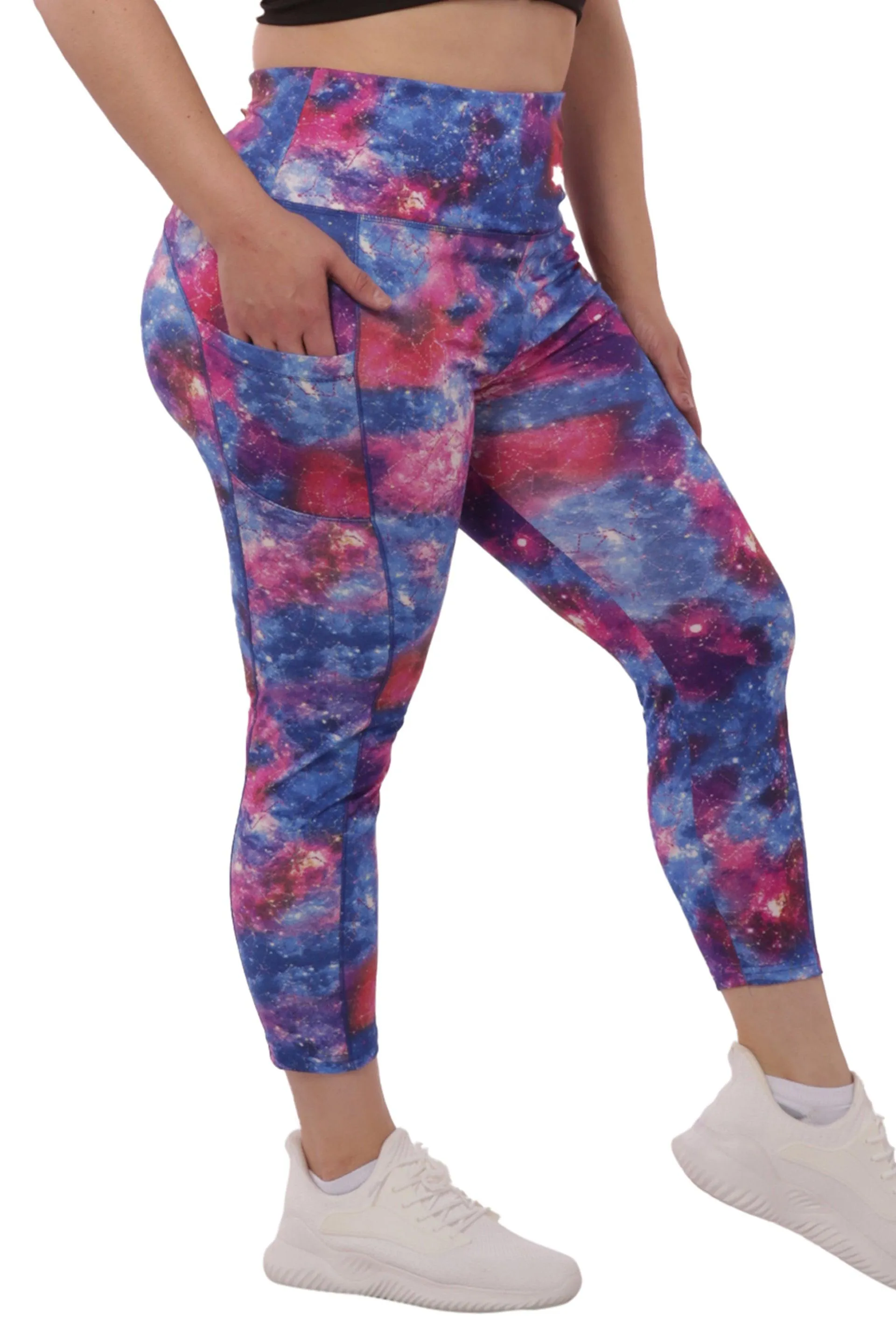 Plus Size High Waist Tummy Control Sports Leggings With Side Pockets - Blue & Pink Galaxy