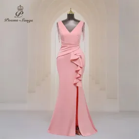 Side Split Pink Party dress for women Long Prom Dress Soft Satin shoulder Beading Evening  Maxi Dress